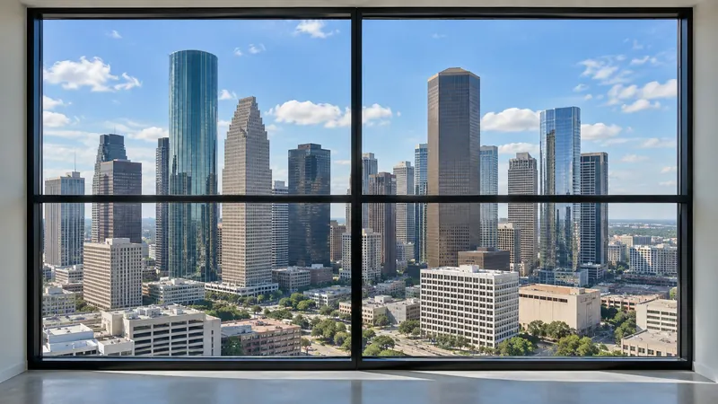 The Houston skyline through a clean office window